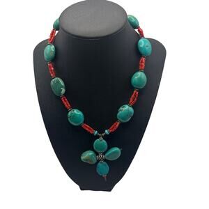 Southwest Turquoise Red Coral Beaded Cross Pendant Statement Necklace Boho